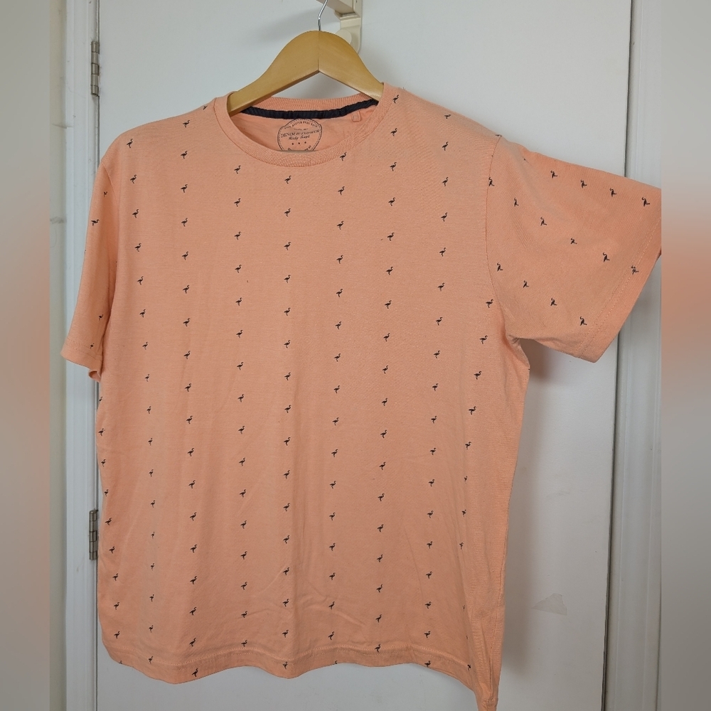 DENIM & FLOWER SALMON PINK T SHIRT WITH FLAMINGO SIZE LARGE